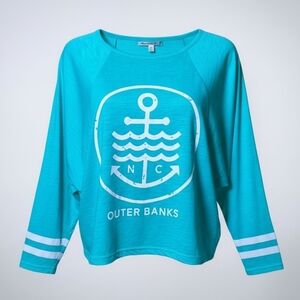 Lagaci Outer Banks Teal Graphic Long Sleeve Top M Coastal Anchor Beachy Tee